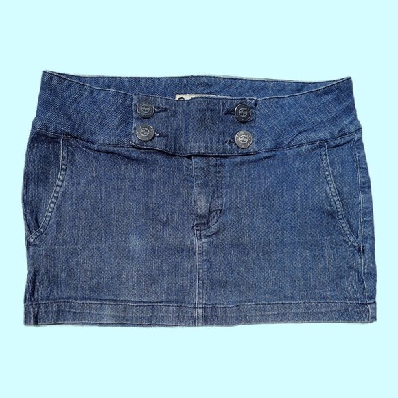 Y2K Micro Mini Denim Skirt Womens Size 9 Low Rise Flap Pockets Wide waistband - Picture 1 of 7